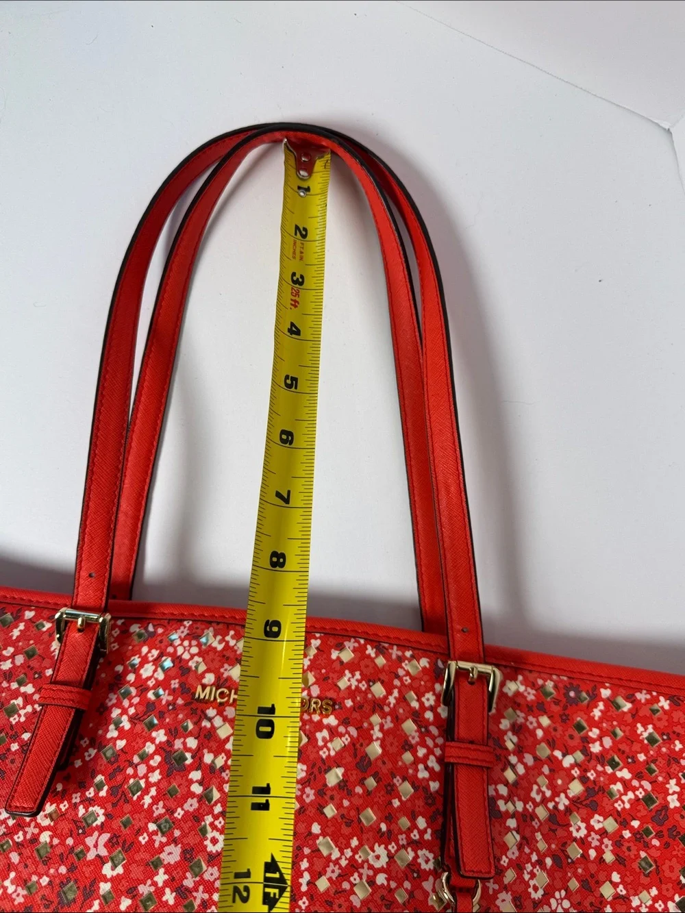 Michael Kors Jet Set Floral Red Metallic Details Tote Bag Signature Gold Charm